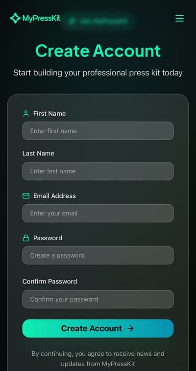 Creating a free MyPressKit account on a phone