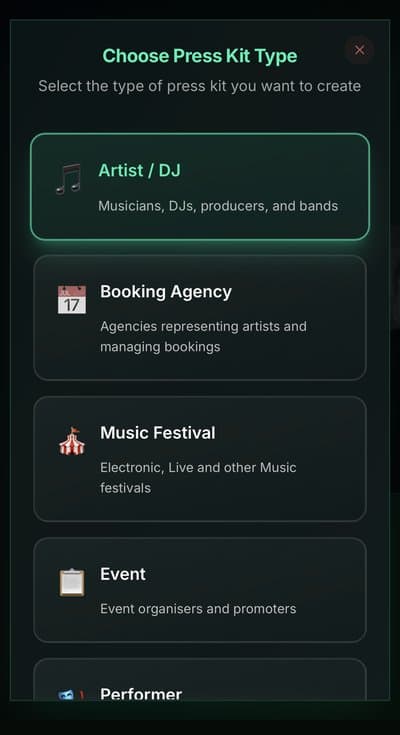 Choosing a press kit type in the MyPressKit app
